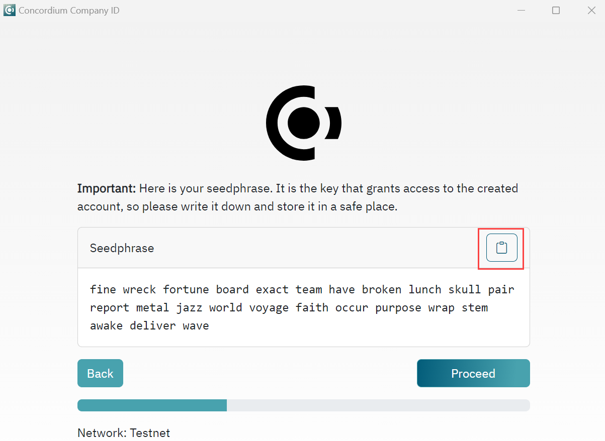 company id tool screen showing identities related to seedphrase and option to select