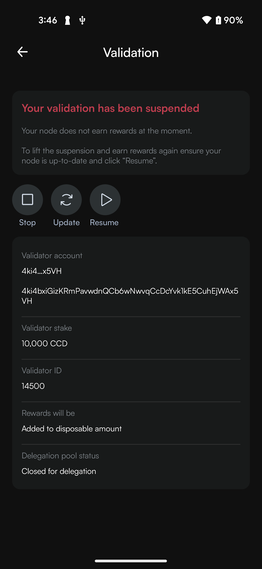 screen showing suspended validator in validator status screen
