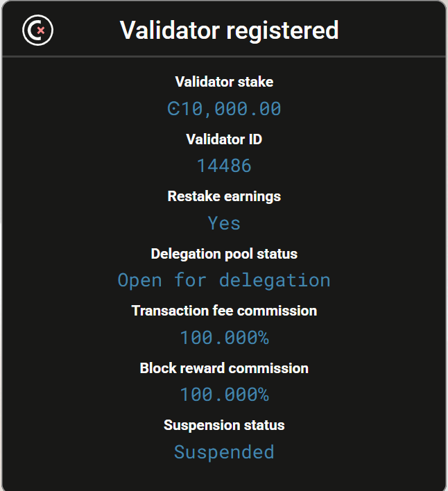 screen showing warning about suspended validator