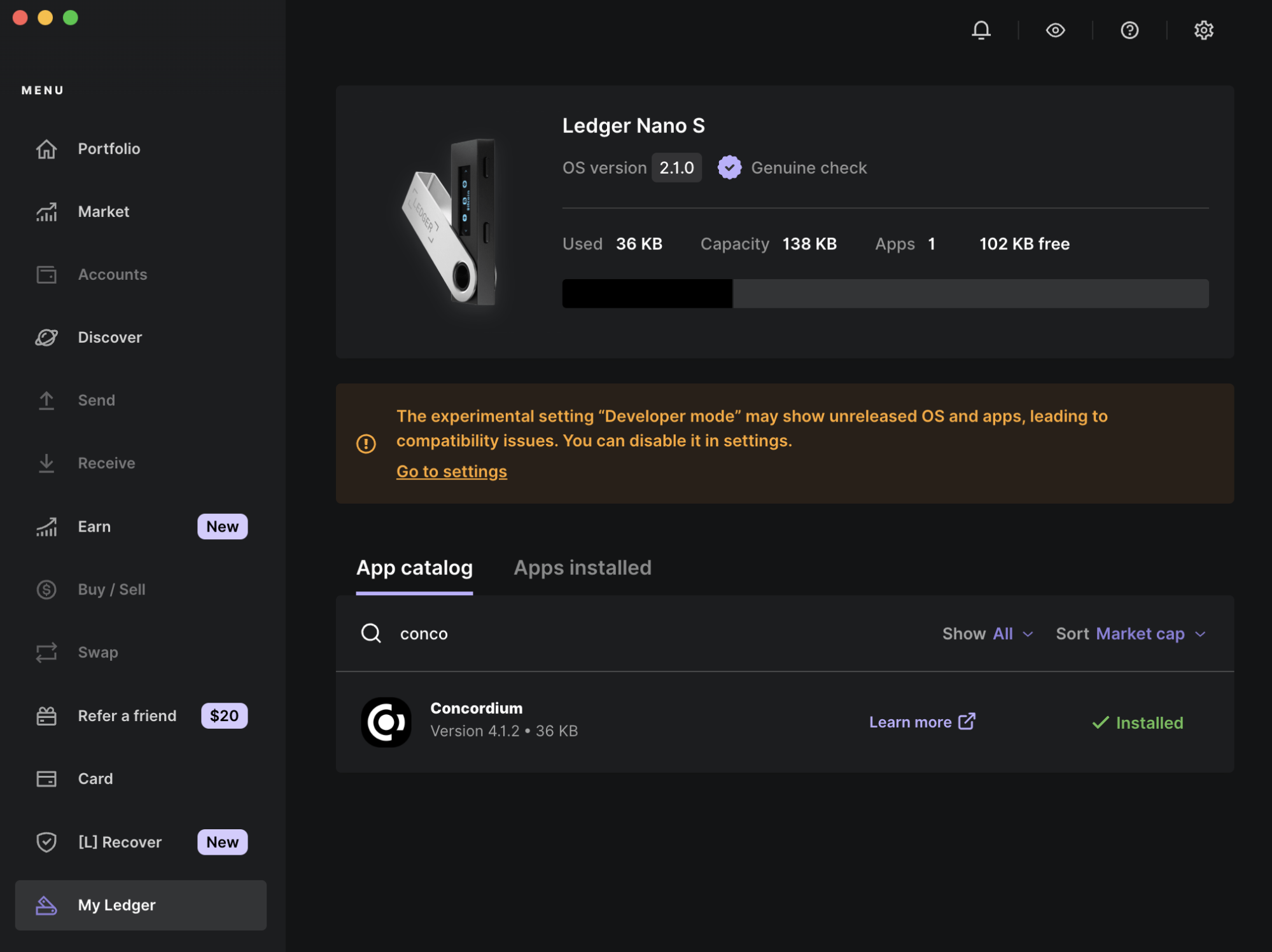 Concordium app in Ledger Live catalog